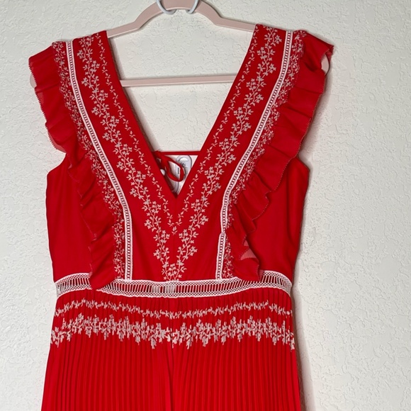 Self- Portrait Flower Spell Maxi Ruffle Pleated Dress Size US6 Red V Neck - Picture 3 of 15